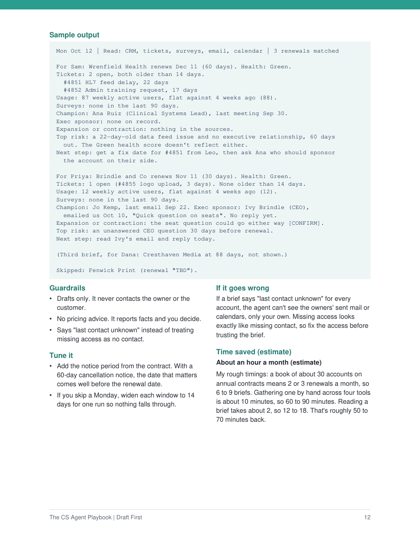 Renewal brief play page with sample output, guardrails and a time-saved estimate